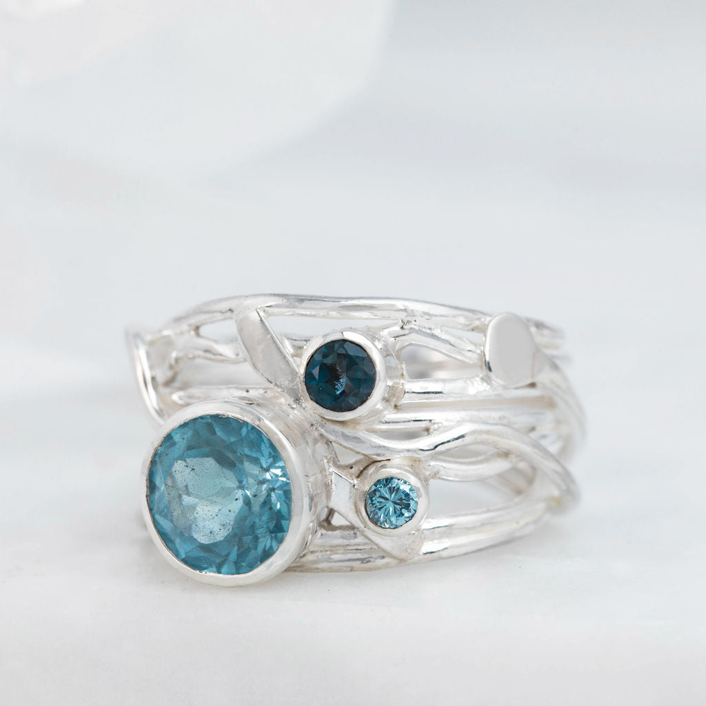 Silver Flowing Ring - Aquamarine, Blue diamond and Topaz