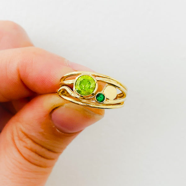 Gold Tidal Ring with Green Diamond and Tsavorite