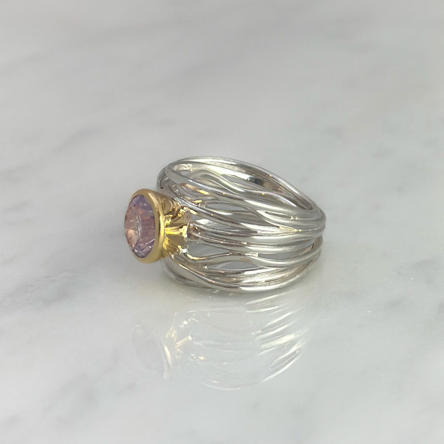 Silver and Gold Flowing Ring with Light Brazilian Amethyst