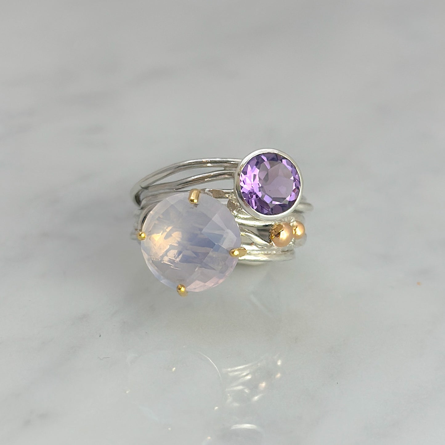 Silver Flowing ring with Chalcedony and Amethyst #2