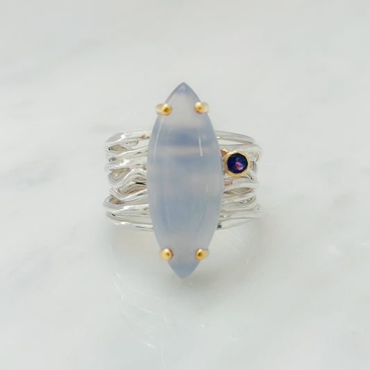 Silver Flowing ring with Chalcedony and Amethyst #1