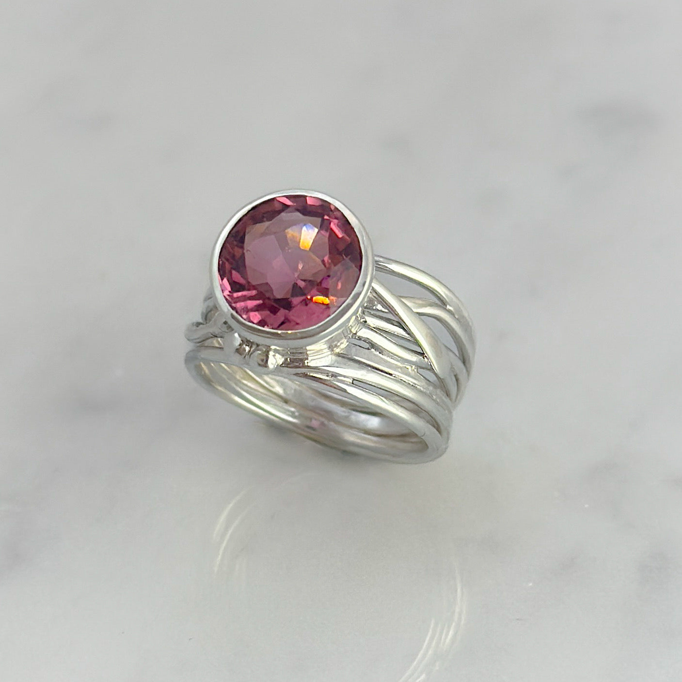 Silver Flowing Ring with Malawi Pink Tourmaline