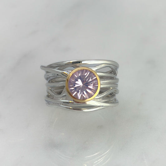 Silver and Gold Flowing Ring with Light Brazilian Amethyst