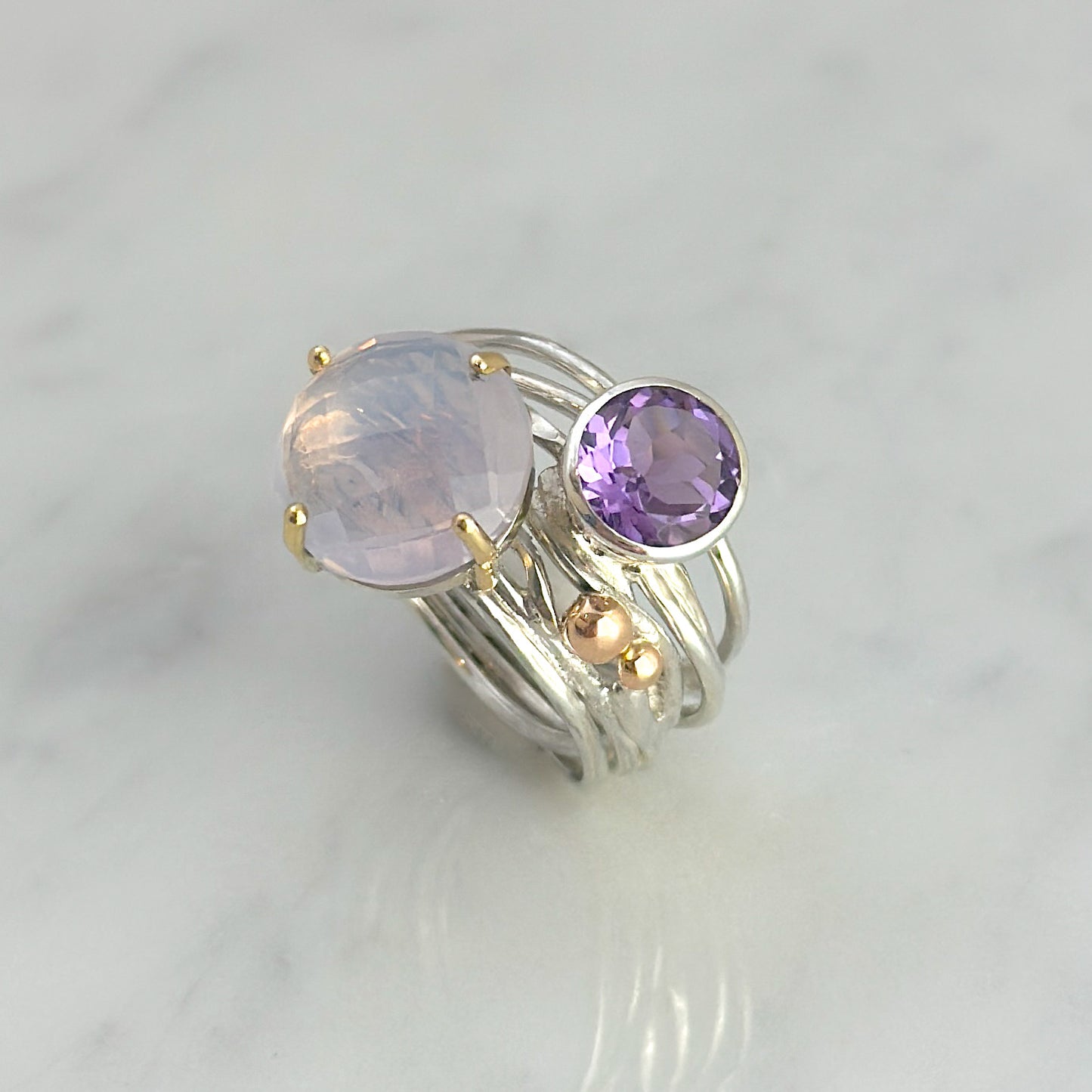Silver Flowing ring with Chalcedony and Amethyst #2