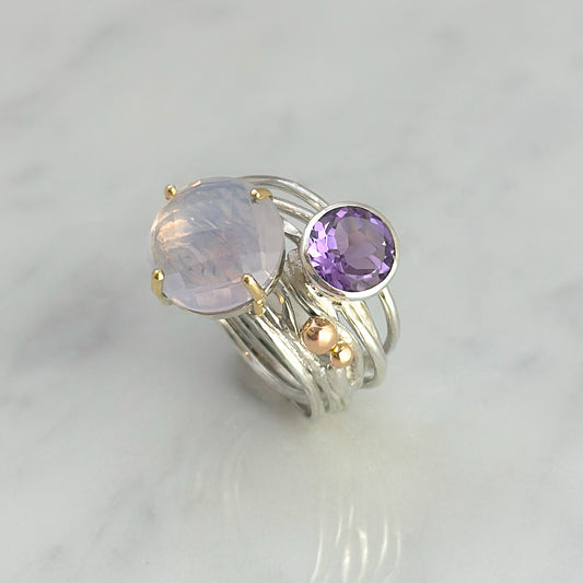 Silver Flowing ring with Chalcedony and Amethyst #2