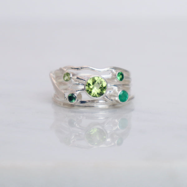 Silver Flowing Ring - Green Mix #2