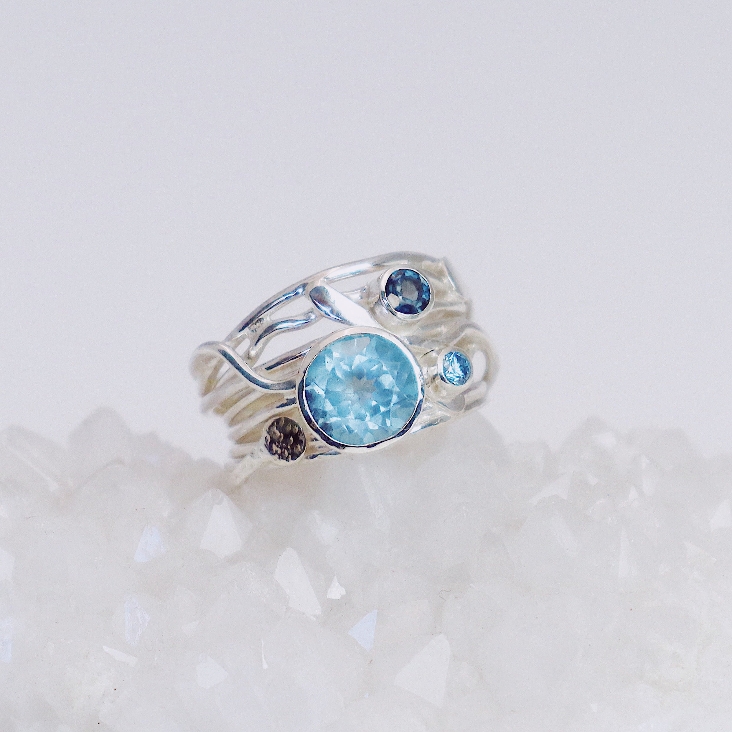 Silver Flowing Ring - Aquamarine, Blue diamond and Topaz