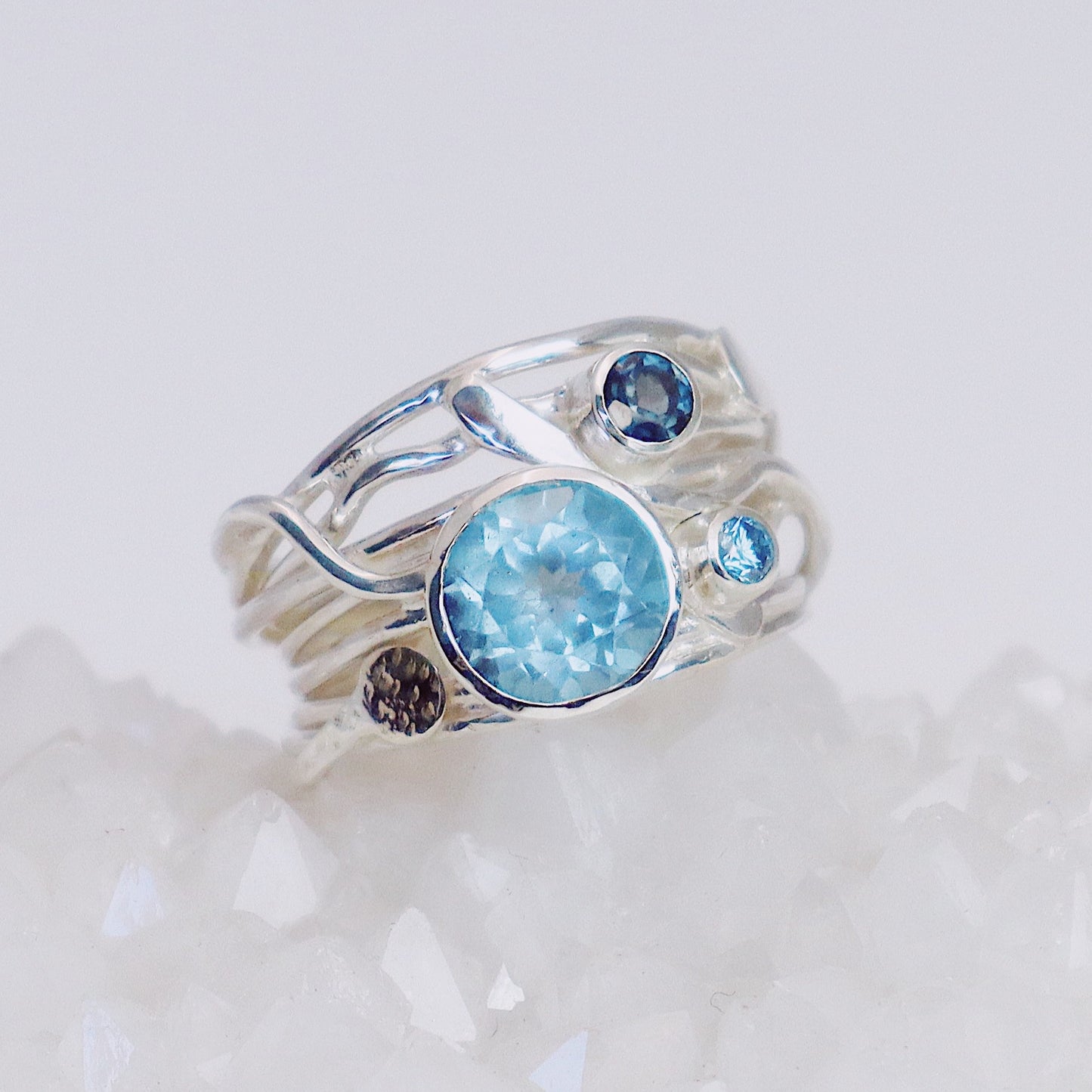 Silver Flowing Ring - Aquamarine, Blue diamond and Topaz