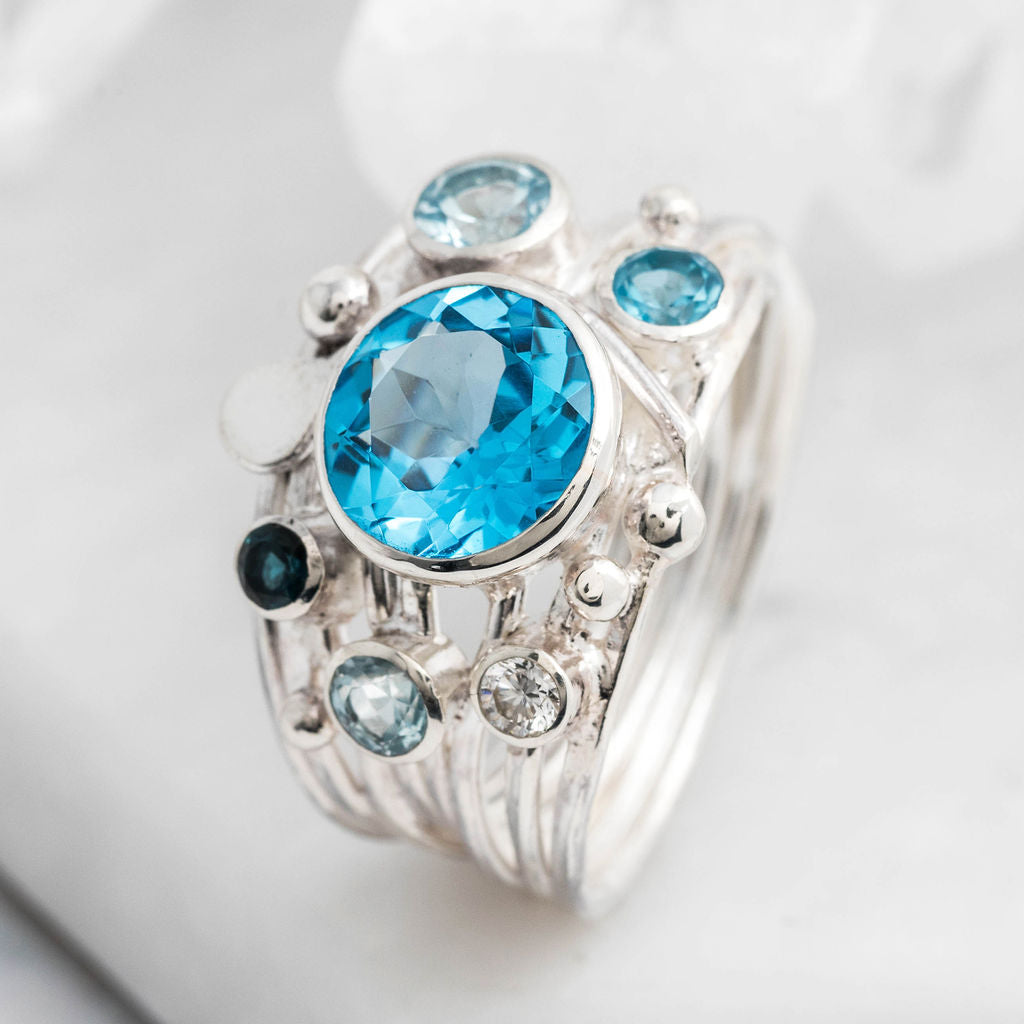 Silver Flowing Ring - Six Stone Blue Mix