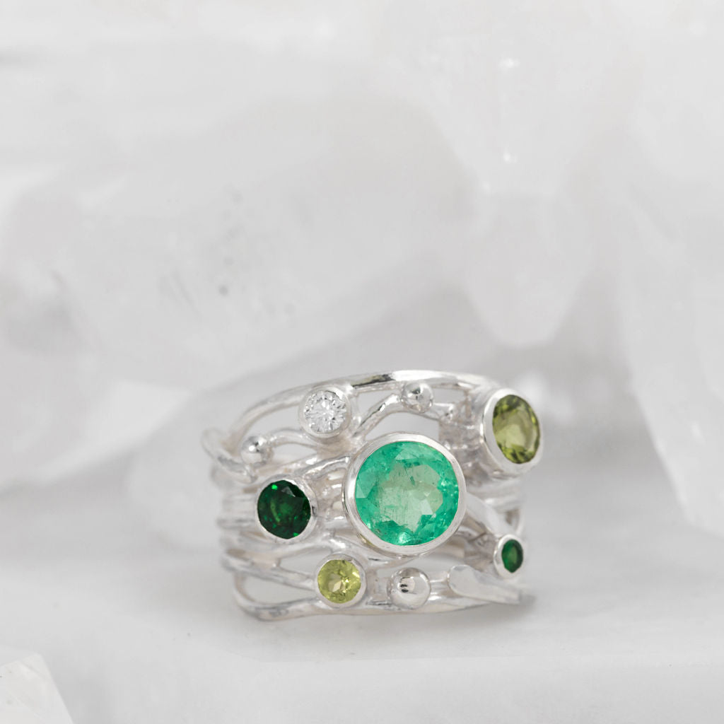 Silver Flowing Ring - Six Stone Green Mix