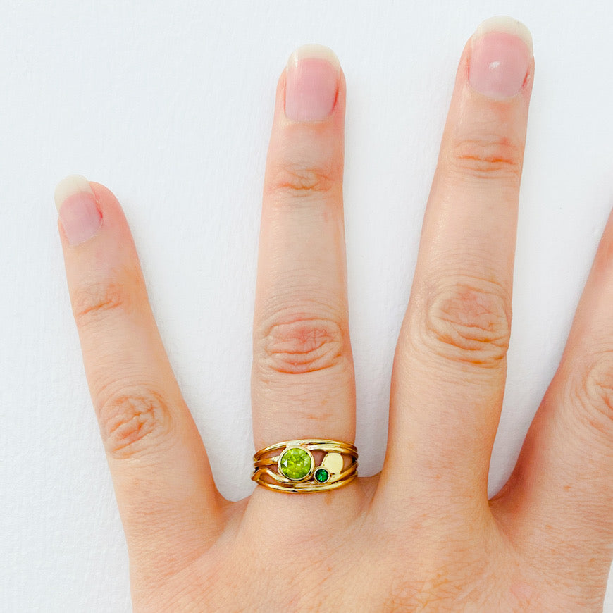 Gold Tidal Ring with Green Diamond and Tsavorite