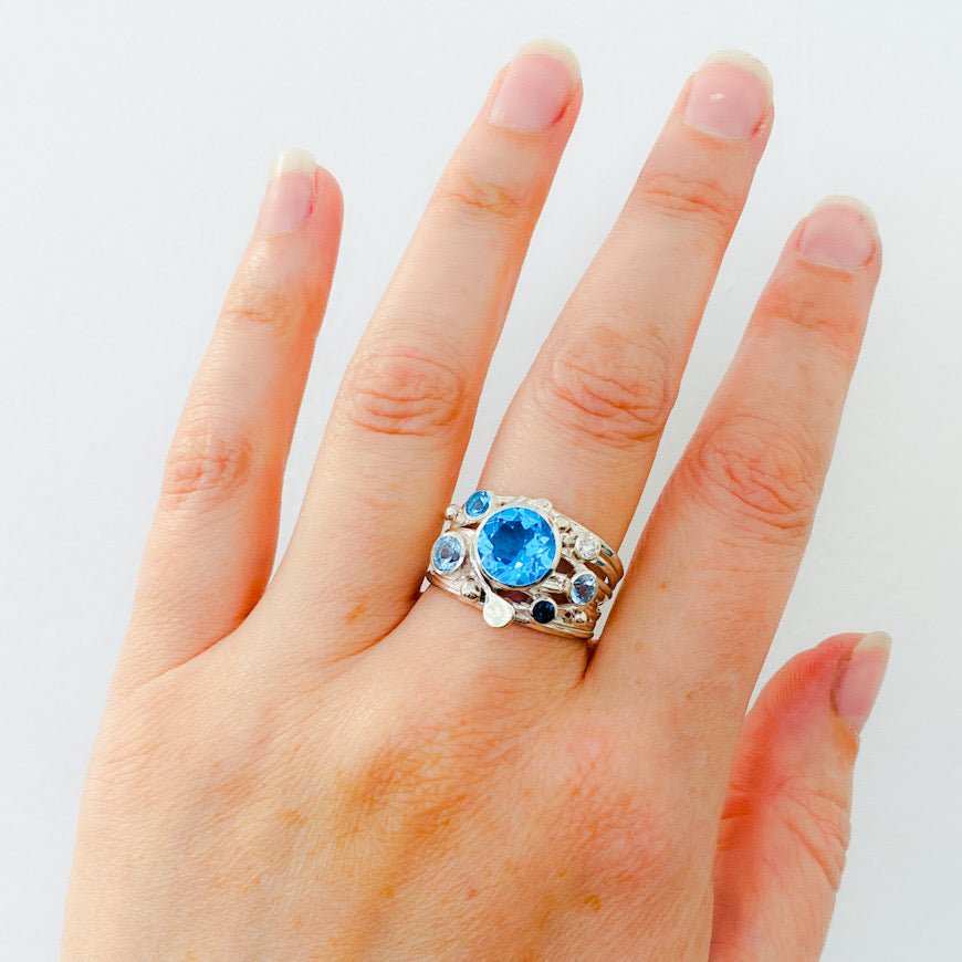 Silver Flowing Ring - Six Stone Blue Mix