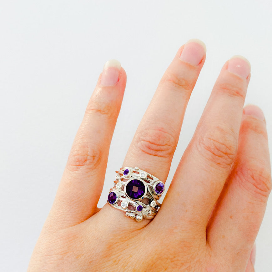 Silver Flowing Ring - Nine Stone Amethyst Mix