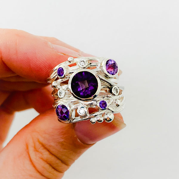 Silver Flowing Ring - Nine Stone Amethyst Mix