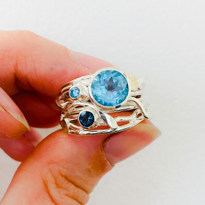 Silver Flowing Ring - Aquamarine, Blue diamond and Topaz