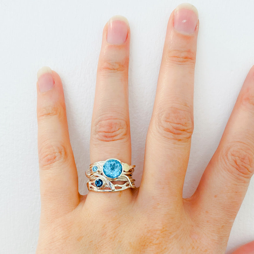 Silver Flowing Ring - Aquamarine, Blue diamond and Topaz