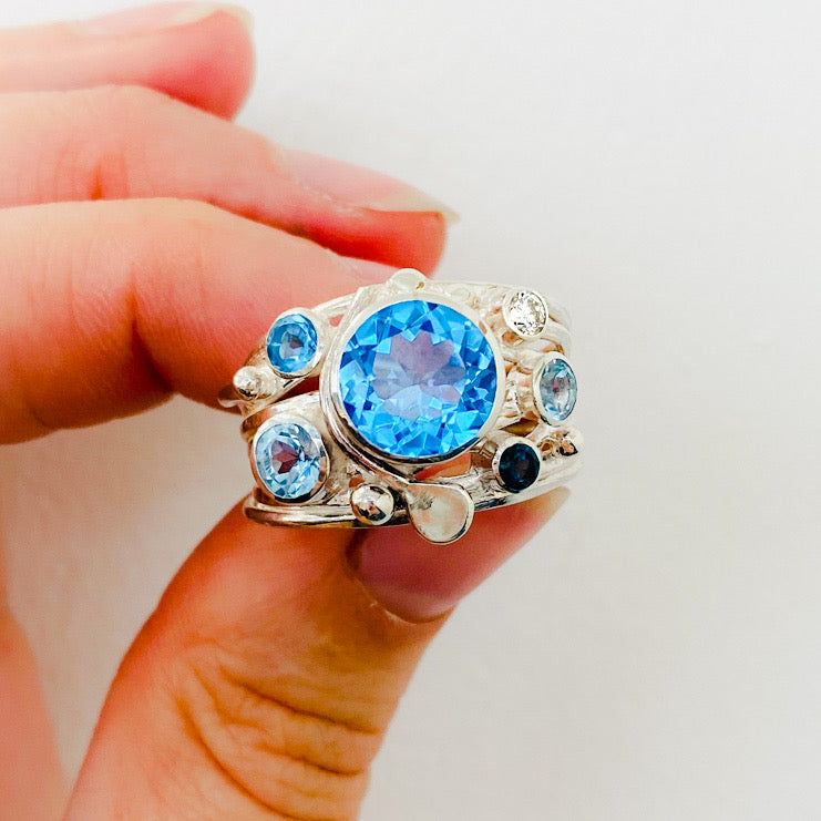 Silver Flowing Ring - Six Stone Blue Mix
