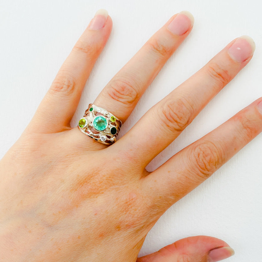 Silver Flowing Ring - Six Stone Green Mix