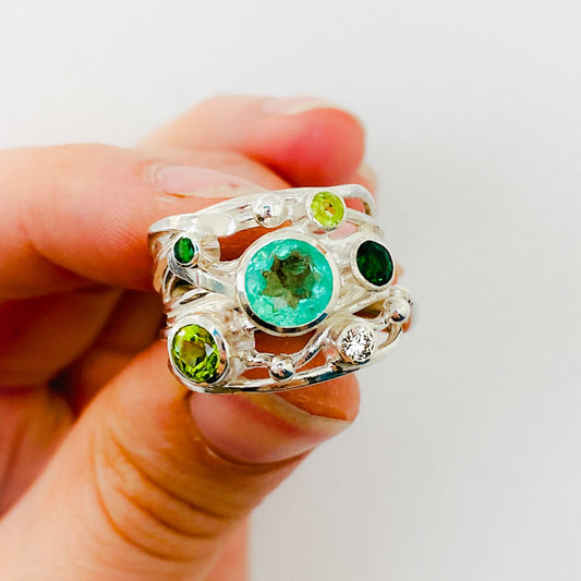 Silver Flowing Ring - Six Stone Green Mix